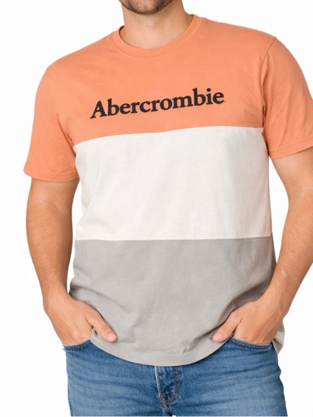 Abercrombie & Fitch men's T-shirt color blocked embroidered orange/white SZ SM